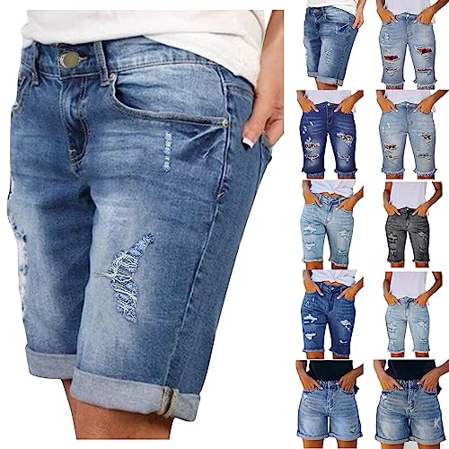 Geilisungren Jeans Shorts Damen Knielang Zerrissen Bequeme Shorts Sommer Sexy Kurze Hose Denim Stretch Grosse Grössen Mode Casual Lose Jeansshorts Hotpants High Waist Bermuda Strandshorts von Geilisungren