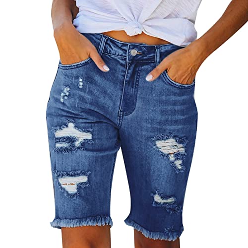 Geilisungren Jeans Shorts Damen Knielang Zerrissen Bequeme Shorts Sommer Sexy Kurze Hose Denim Stretch Grosse Grössen Mode Casual Lose Jeansshorts Hotpants High Waist Bermuda Strandshorts von Geilisungren