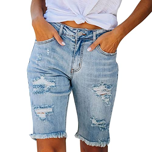 Geilisungren Jeans Shorts Damen Knielang Zerrissen Bequeme Shorts Sommer Sexy Kurze Hose Denim Stretch Grosse Grössen Mode Casual Lose Jeansshorts Hotpants High Waist Bermuda Strandshorts von Geilisungren