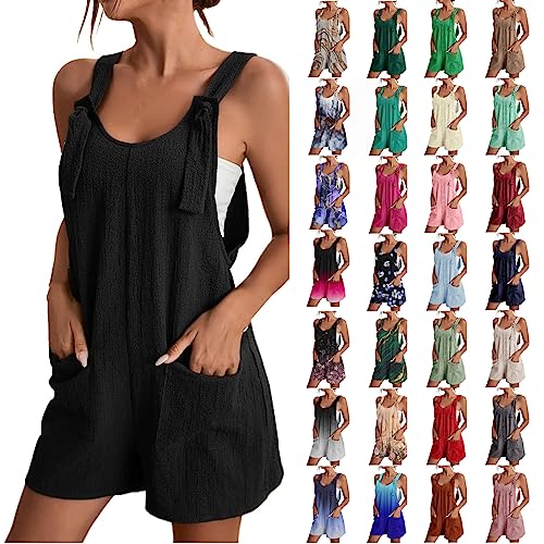 Geilisungren Jumpsuit Damen Sommer Ärmellos Kurz Latzhose Casual Overall V-Ausschnitt Spaghetti Playsuit Baggy Sommerhose Drucken Hosenanzug mit Taschen Arbeitshose Strampler Einteilige Shorts von Geilisungren