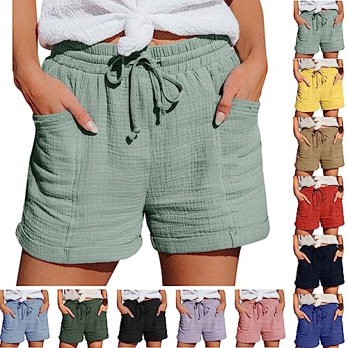 Geilisungren Kurze Hose Damen Sommer Lässige Leinen Shorts Musselin Hose mit hoher Taille Gerades Bein Sport Lockere Shorts mit Kordelzug Und Taschen Gummiband Freizeit Shorts Elastische Stoffhose von Geilisungren