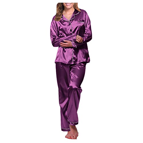 Geilisungren Nachthemd Mit Knopfleiste Damen Langarm Pyjama Set Schlafanzug Winter Hausanzug 2-Teilig Elegant Loungewear Nachtwäsche Zweiteiliger Sleepwear Satin Lang Silk Pyjamahose Set Sleepwear von Geilisungren