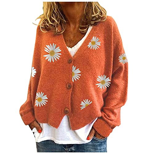 Shirt Clips Damen Warmer Pullover Oberteile Mantel Cardigans Gänseblümchen Druck Langarm Sweatshirt V-Ausschnitt Kurzer Eleganter Pullover Oberteil Womens Cardigans Langarmshirt von Geilisungren