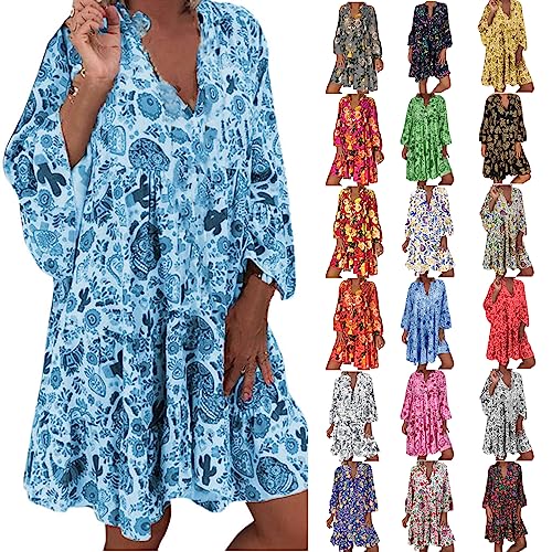 Geilisungren Sommerkleid Damen Knielang Oversized Elegant Boho Blumenkleid Strandkleider Midi Kurz V-Ausschnitt Tunika Kleider Leicht Mode Freizeitkleider Tunikakleid Luftige Frauen Stufenkleid von Geilisungren