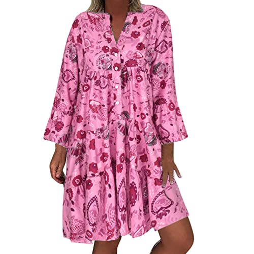 Geilisungren Sommerkleid Damen Knielang Oversized Elegant Boho Blumenkleid Strandkleider Midi Kurz V-Ausschnitt Tunika Kleider Leicht Mode Freizeitkleider Tunikakleid Luftige Frauen Stufenkleid von Geilisungren