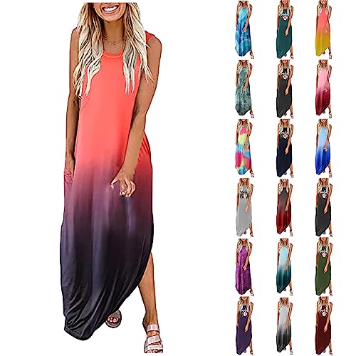 Geilisungren Sommerkleid Damen Lang Strandkleid T-Shirt Kleider Maxikleid Ohne Ärmel Rundhals mit Brief Drucken Tie Dye Langes Shirtkleider Lässig Locker Freizeitkleid Blusenkleid Mit Taschen von Geilisungren