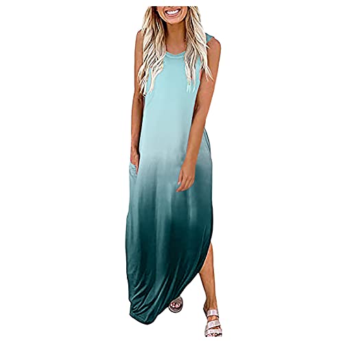 Geilisungren Sommerkleid Damen Lang Strandkleid T-Shirt Kleider Maxikleid Ohne Ärmel Rundhals mit Brief Drucken Tie Dye Langes Shirtkleider Lässig Locker Freizeitkleid Blusenkleid Mit Taschen von Geilisungren