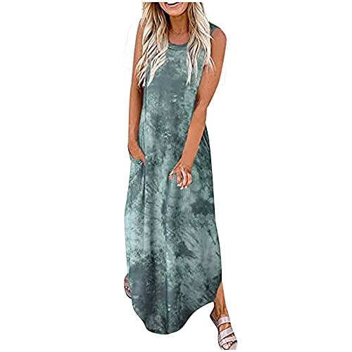 Geilisungren Sommerkleid Damen Lang Strandkleid T-Shirt Kleider Maxikleid Ohne Ärmel Rundhals mit Brief Drucken Tie Dye Langes Shirtkleider Lässig Locker Freizeitkleid Blusenkleid Mit Taschen von Geilisungren