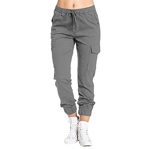 Geilisungren Sport Hosen Damen Sommer Casual Stoffhose Einfarbig Freizeithose Stretch Leicht Jogginghose Straight Leg Elastic Waist Sweat Pants Mit Taschen Capris Frauen Cargo Hosen von Geilisungren