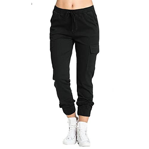 Geilisungren Sport Hosen Damen Sommer Casual Stoffhose Einfarbig Freizeithose Stretch Leicht Jogginghose Straight Leg Elastic Waist Sweat Pants Mit Taschen Capris Frauen Cargo Hosen von Geilisungren