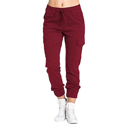 Geilisungren Sport Hosen Damen Sommer Casual Stoffhose Einfarbig Freizeithose Stretch Leicht Jogginghose Straight Leg Elastic Waist Sweat Pants Mit Taschen Capris Frauen Cargo Hosen von Geilisungren