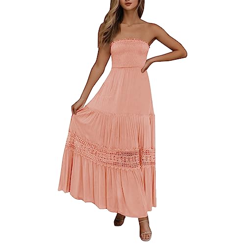 Geilisungren Strandkleid Damen Sommer Boho Bandeau Kleid Lang Schulterfreies Elegant Solide Sommerkleid Sexy Trägerlos Off Shoulder Rückenfrei Spitzenbesatz Maxikleid Swing A Line Partykleid von Geilisungren