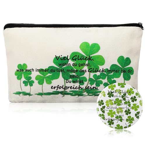 Geiserailie Viel Glück Geschenkset 1 Inspirierende Kleine Kosmetiktasche mit 1 Runder Mini Glasspiegel Klein Schminktasche Portable Kosmetikspiegel Irisches Dankeschön Abschieds Geschenke für Frauen von Geiserailie