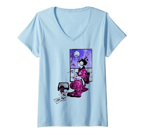 Damen Traditioneller japanischer Damenkünstler Geisha Kimono Retro T-Shirt mit V-Ausschnitt Damen Traditioneller japanischer Damenkünstler Geisha Kimono Retro T-Shirt mit V-Ausschnitt von Geisha Vintage Japanese Traditional Lady Artist
