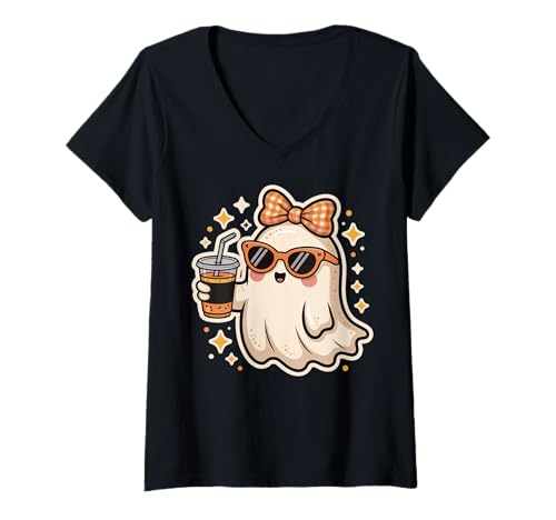 Damen Geist Milchtee Halloween T-Shirt mit V-Ausschnitt Damen Geist Milchtee Halloween T-Shirt mit V-Ausschnitt von Geist Bubble Tea Boba Halloween Gruselig Kawaii