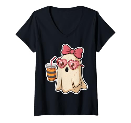 Damen Geist Milchtee Halloween T-Shirt mit V-Ausschnitt Damen Geist Milchtee Halloween T-Shirt mit V-Ausschnitt von Geist Bubble Tea Boba Halloween Gruselig Kawaii