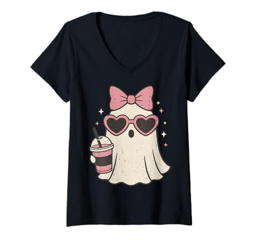 Damen Geist Milchtee Halloween T-Shirt mit V-Ausschnitt Damen Geist Milchtee Halloween T-Shirt mit V-Ausschnitt von Geist Bubble Tea Boba Halloween Gruselig Kawaii