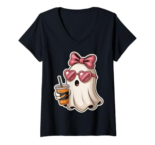 Damen Geist Milchtee Halloween T-Shirt mit V-Ausschnitt Damen Geist Milchtee Halloween T-Shirt mit V-Ausschnitt von Geist Bubble Tea Boba Halloween Gruselig Kawaii