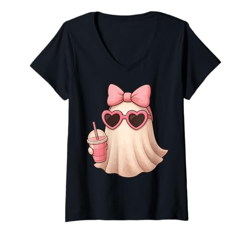 Damen Geist Milchtee Halloween T-Shirt mit V-Ausschnitt Damen Geist Milchtee Halloween T-Shirt mit V-Ausschnitt von Geist Bubble Tea Boba Halloween Gruselig Kawaii