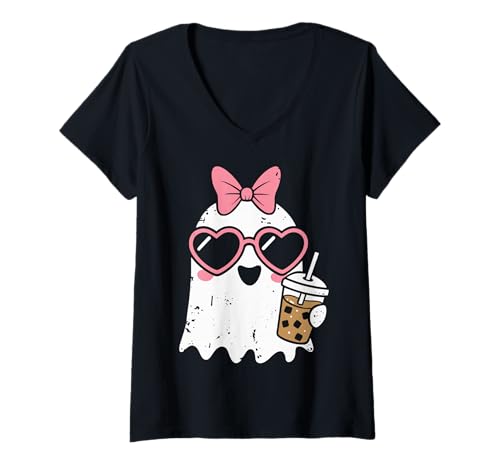 Damen Geist Eiskaffee Halloween T-Shirt mit V-Ausschnitt von Geist Eiskaffee Halloween Paranormal Süß