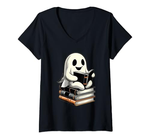 Damen Geist mit Buch Halloween Gespenst Bibliothek T-Shirt mit V-Ausschnitt Damen Geist mit Buch Halloween Gespenst Bibliothek T-Shirt mit V-Ausschnitt von Geist Mit Buch Halloween