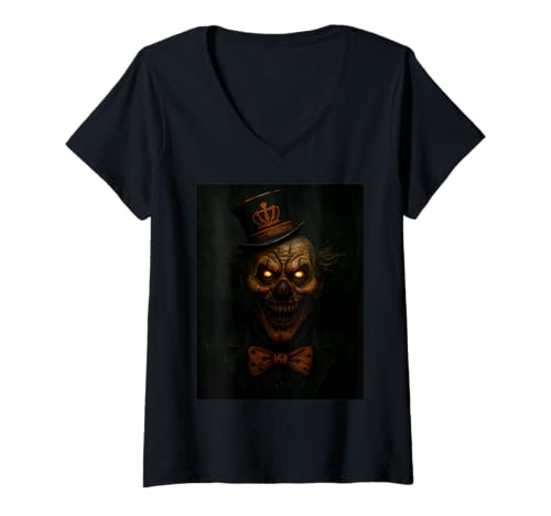 Damen gruselig Clown Halloween T-Shirt mit V-Ausschnitt von Geister Kürbis Kostüm Party Geschenkidee