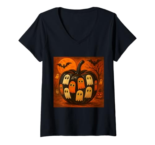 Damen gruselig Geist Fledermaus Halloween T-Shirt mit V-Ausschnitt von Geister Kürbis Kostüm Party Geschenkidee