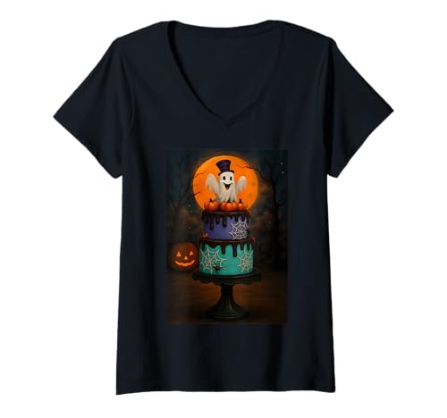 Damen gruselig Geist Halloween T-Shirt mit V-Ausschnitt von Geister Kürbis Kostüm Party Geschenkidee