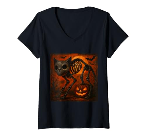 Damen gruselig Katze Skelett Halloween T-Shirt mit V-Ausschnitt von Geister Kürbis Kostüm Party Geschenkidee