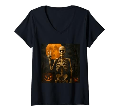 Damen gruselig Skelett Halloween T-Shirt mit V-Ausschnitt von Geister Kürbis Kostüm Party Geschenkidee