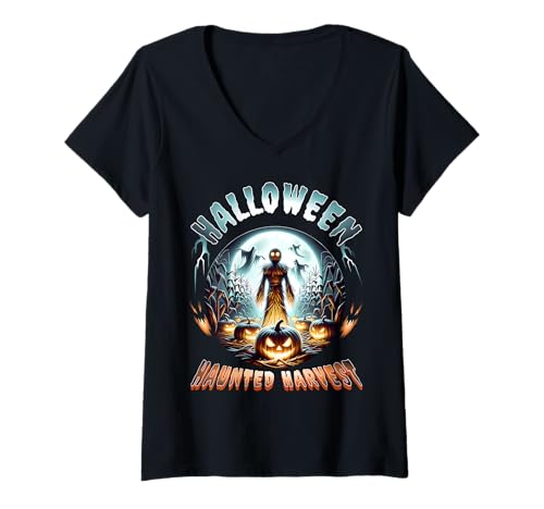 Damen Halloween Ernte Horror Kürbis Vogelscheuche Nacht T-Shirt mit V-Ausschnitt Damen Halloween Ernte Horror Kürbis Vogelscheuche Nacht T-Shirt mit V-Ausschnitt von Geister Maisfeld Kürbis Schaurig Herbst Stil