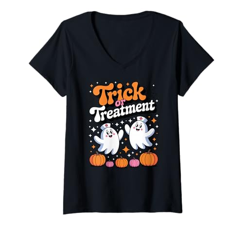 Damen Halloween Geister Trick Or Treatment T-Shirt mit V-Ausschnitt Damen Halloween Geister Trick Or Treatment T-Shirt mit V-Ausschnitt von Geisterhafte Halloween Spaß Für Alle