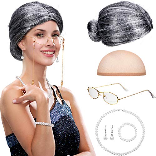 Alte Dame Cosplay Set Großmutter Perücke Kappe Brille Kette Schnüre Faux Perle Perlenkette (Grau Brötchen Perücke) von Gejoy