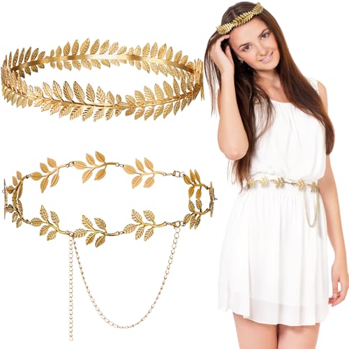 Gejoy 2 Set Gold Lorbeerkranz Blatt Krone Stirnband Blatt Taille Kette Gürtel für Toga Römer Kostüm Zubehör Kopfschmuck von Gejoy