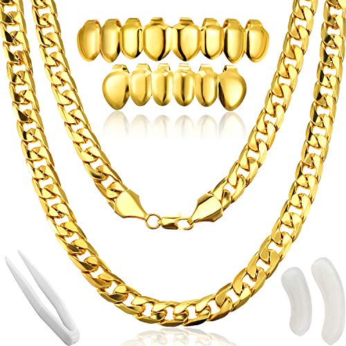 Gejoy Hip Hop Rapper Kostüm, Faux Gold Kette Halskette Klumpig Halskette mit Vergoldeten Gold für Mund Top Unterseite Hip Hop Zähne , 80/ 90s Punk/ Hip Hop/ Rapper Kostüm von Gejoy