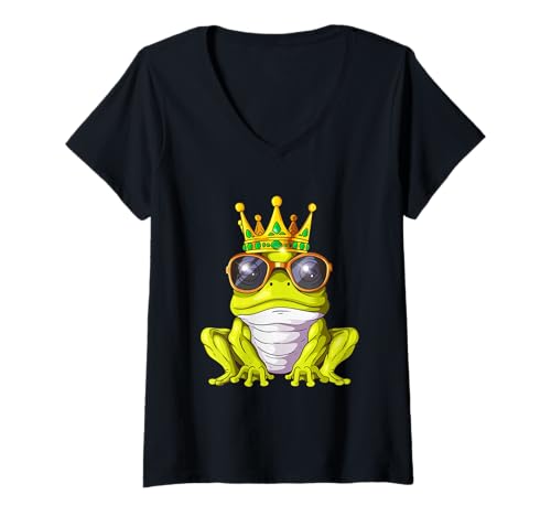 Damen Königlicher Frosch mit Krone und Sonnenbrille Froschkönig T-Shirt mit V-Ausschnitt Damen Königlicher Frosch mit Krone und Sonnenbrille Froschkönig T-Shirt mit V-Ausschnitt von Gekrönter Frosch Kröte König Frosch Geschenk
