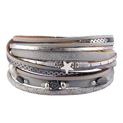 Jenia Leder Wickelarmband Rose und Sterne Multi Layer Geflochtene Manschette Armbänder Boho Armband mit Barock Perle für Frauen Mädchen Ehefrau, 13,37 cm, Metall Leder Jenia Leder Wickelarmband Rose und Sterne Multi Layer Geflochtene Manschette Armbänder Boho Armband mit Barock Perle für Frauen Mädchen Ehefrau, 13,37 cm, Metall Leder von GelConnie