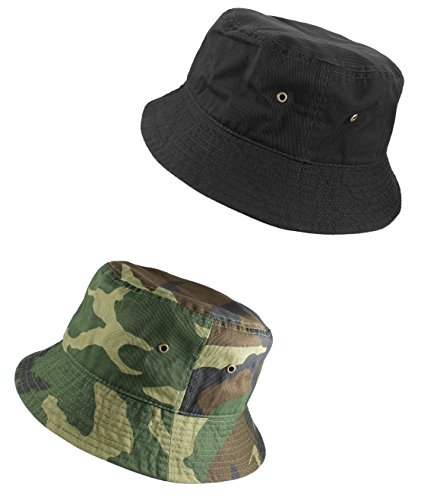 Gelante Einfarbiger Fischerhut aus 100 % Baumwolle für Damen und Herren, verstaubar, für Reisen, Sommer, Strandhut, 2 Stück Schwarz & Camo, L/XL von Gelante