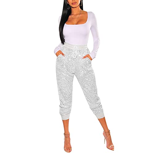 Gelb&Schwarz Hose Damen Jogginganzug Damen-Leggings mit Pailletten, lässig, sexy, Party, Mode, hohe Taille, Kordelzug Enge Karierte Hose Damen (White, L) von Gelb&Schwarz