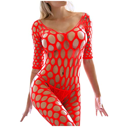 Gelb&Schwarz Sexy Damen Offener Schritt Frauen Sexy Dessous Fischnetz Bodystocking Unterwäsche Nachtwäsche Chemises Bodysuits Herren Dessous Neon (Red, One Size) von Gelb&Schwarz