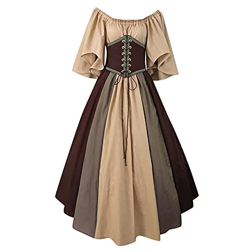 Langes Schwarzes Kleid Gothic Frauen Mode Kontrast farbige Kleider Kurzärmeln solide farbige Kleidung Schnürung sexy Medievals Vintage-Kleid (Brown, XL) von Gelb&Schwarz