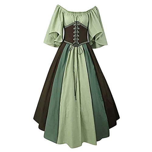 Langes Schwarzes Kleid Gothic Frauen Mode Kontrast farbige Kleider Kurzärmeln solide farbige Kleidung Schnürung sexy Medievals Vintage-Kleid (Green, L) von Gelb&Schwarz