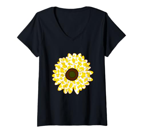 Damen gelbes Kuhmuster - Blumengelbes Kuhmuster für Damen T-Shirt mit V-Ausschnitt von Gelb-weißes Kuh-Tiermuster-Kostüm