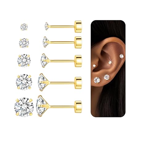 Gold Flache Rückseite Hypoallergene Ohrringe Set für Frauen Männer, 14K Gold Chirurgenstahl Stapel Ohrstecker Zirkonia Mehrere Piercing Knorpel Ohrringe für Empfindliche Ohren Gold Flache Rückseite Hypoallergene Ohrringe Set für Frauen Männer, 14K Gold Chirurgenstahl Stapel Ohrstecker Zirkonia Mehrere Piercing Knorpel Ohrringe für Empfindliche Ohren von Gelbesty
