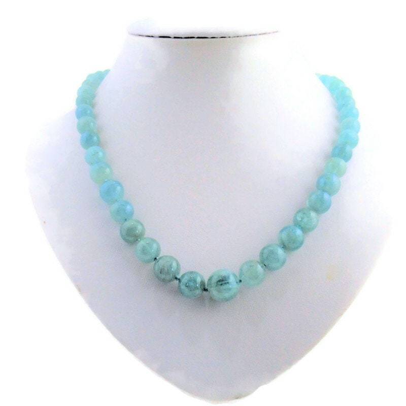 Echte 19, 5 Zoll Natürliche Aquamarin Perlen Individuell Handgeknüpft Mit Sterling Silber Magnetverschluss Halskette von Geligems
