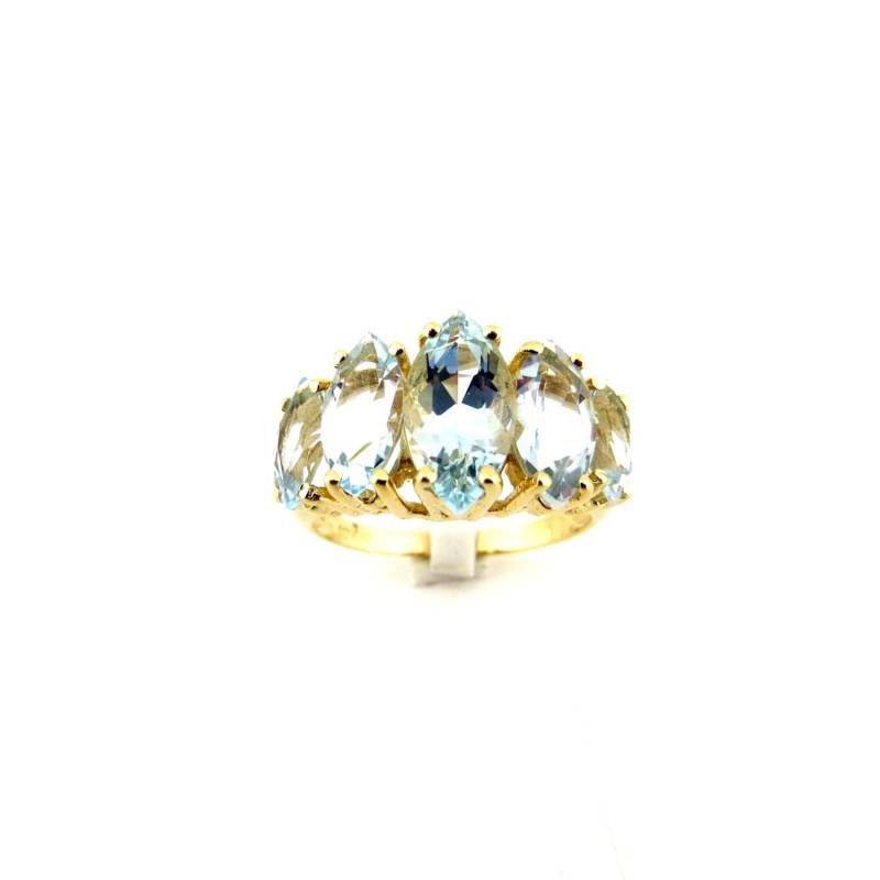 Echte Marquise Geschnitten Natürliche Blaue Aquamarin Gelbgold Große Band Ring von Geligems