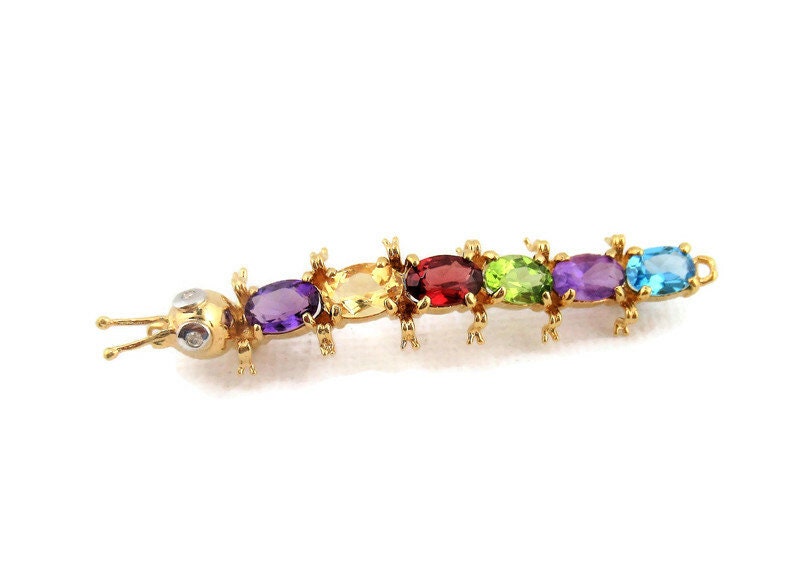 Multi-Gems Mit Diamantaugen 14K Gelb - Oder Weißgold-Raupenbrosche Multi-Gems Mit Diamantaugen 14K Gelb - Oder Weißgold-Raupenbrosche von Geligems