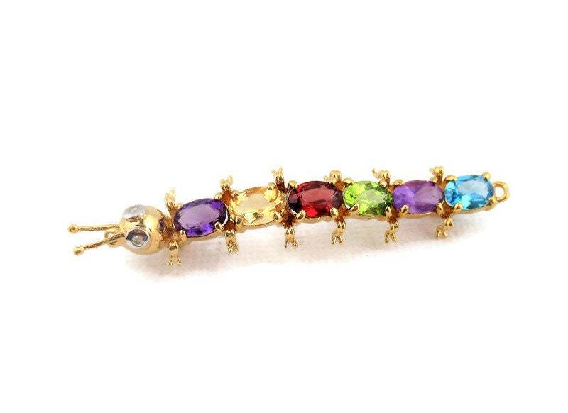 Multi-Gems Mit Diamantaugen 14K Gelb - Oder Weißgold-Raupenbrosche Multi-Gems Mit Diamantaugen 14K Gelb - Oder Weißgold-Raupenbrosche von Geligems