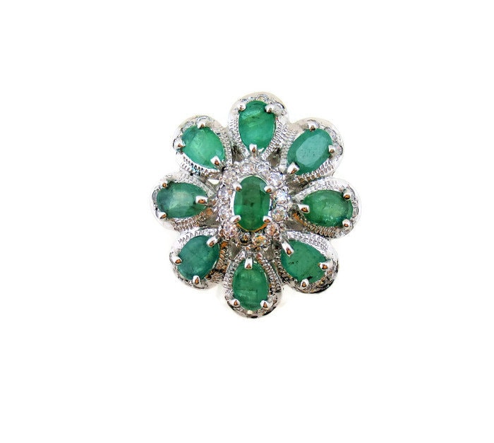 Natürliche Smaragd Sterling Silber Blume Cocktail Ring von Geligems