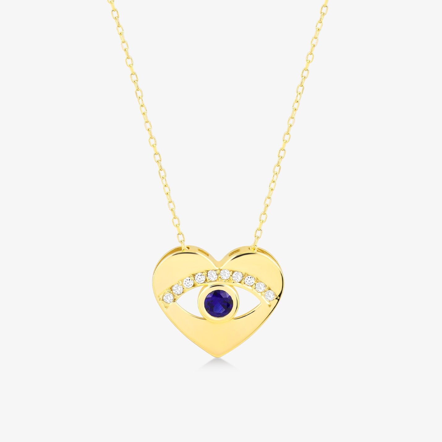 Diamant-Herz-Evil-Eye-Halskette Aus 14-Karätigem Massivgold | Evil Eye Halskette Saphir-Halskette 14K Echtgoldschmuck Geschenk Für Frauen von GelinDiamond